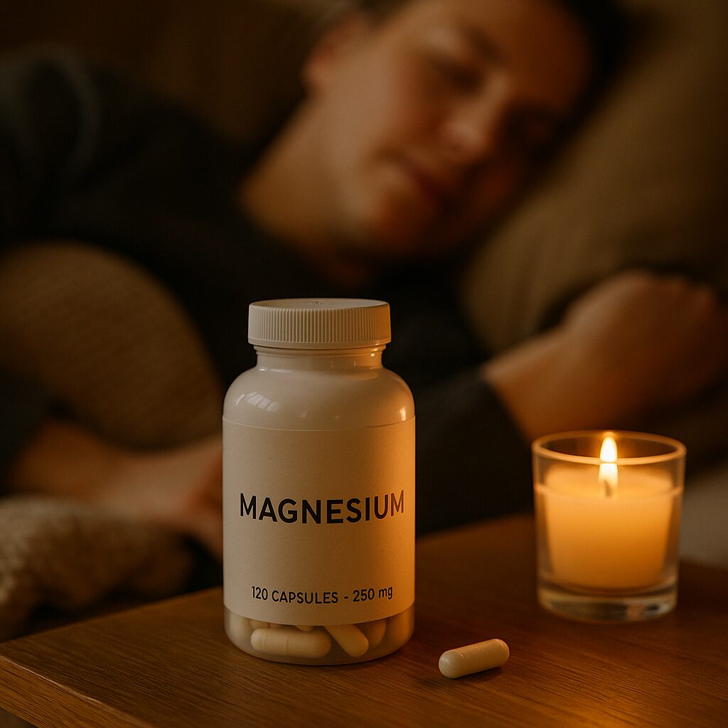 Burk med magnesiumtillskott och tänd ljus på nattduksbord bredvid sovande person, symboliserar bättre sömn och återhämtning.