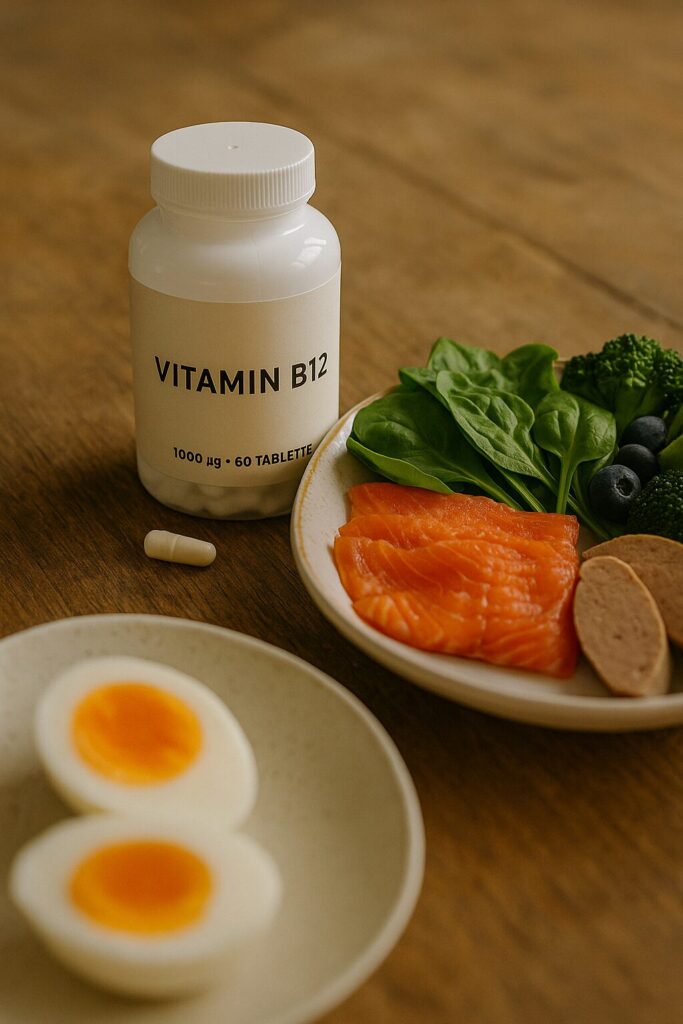 Vitamin B12-tabletter och livsmedel rika på B12, som lax, ägg och spenat, på träbord i morgonljus – symboliserar energi och fokus.