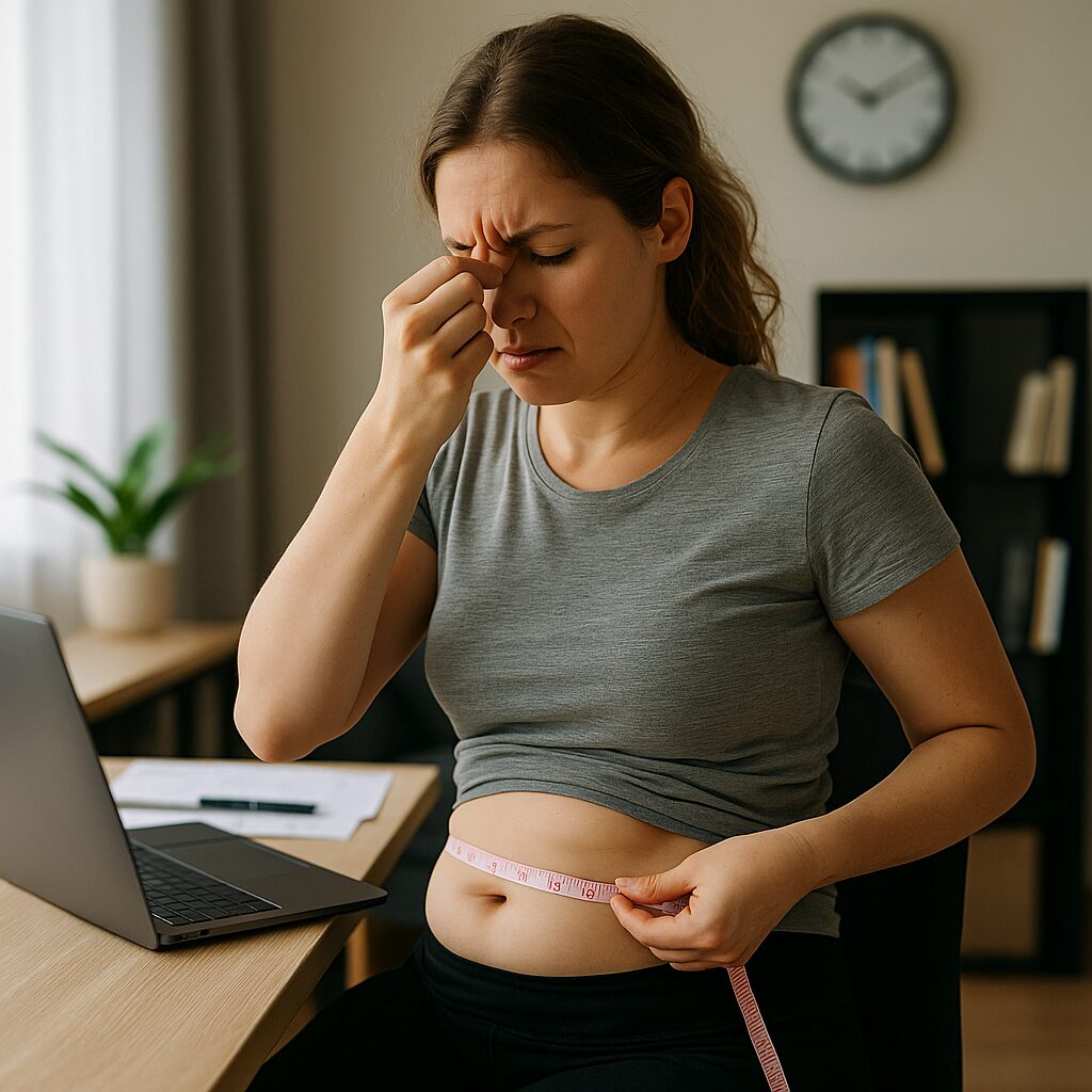 Stressad kvinna som försöker tappa fett snabbt men kämpar med vardagsstress och brist på energi.”