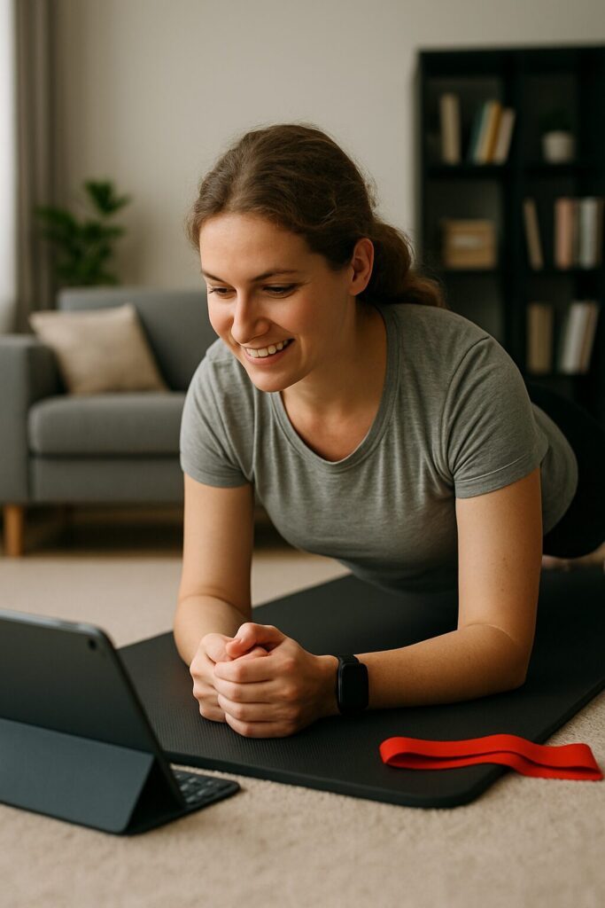 Kvinna som tränar hemma för att tappa fett snabbt med en tidseffektiv strategi trots tidsbrist.