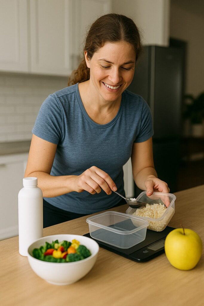 Kvinna som förbereder matlådor som del av en kostplan för viktminskning anpassad för stressade vuxna.