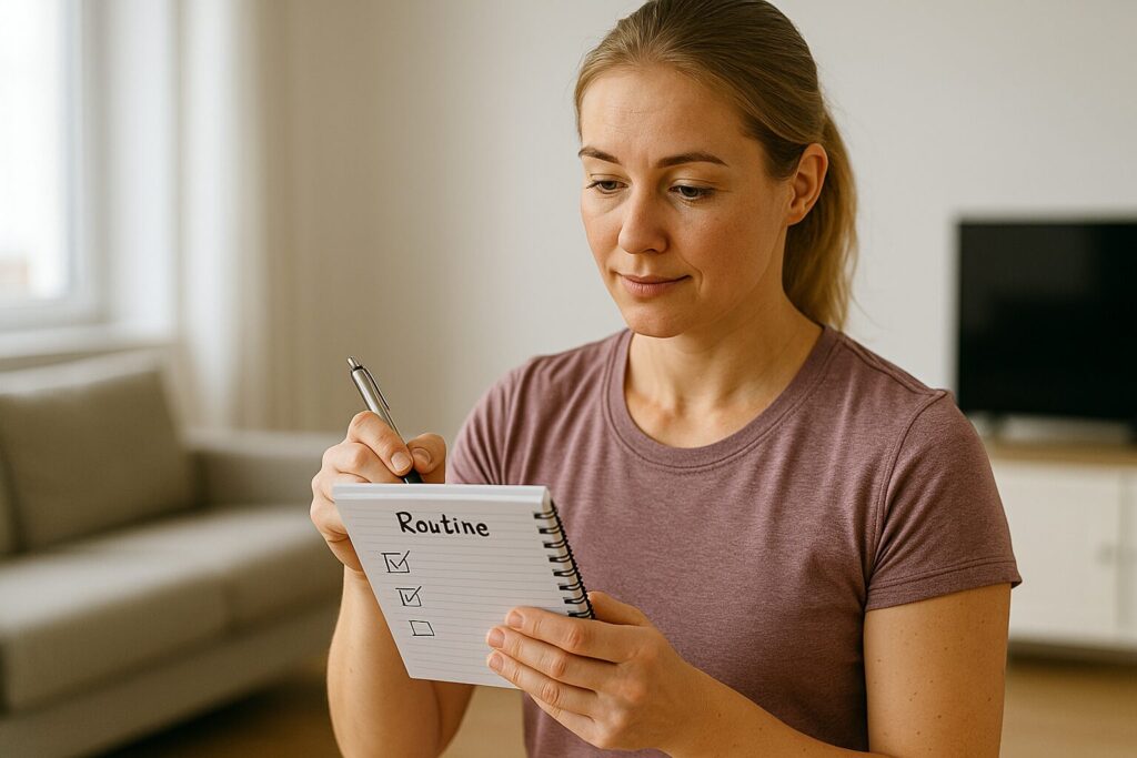 Kvinna som planerar sina dagliga rutiner för att fortsätta tappa fett snabbt i en stressig vardag.