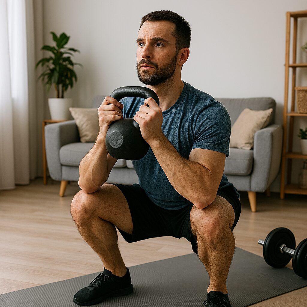 Man tränar hemma med kettlebell i ett ljust vardagsrum med yogamatta och hantel