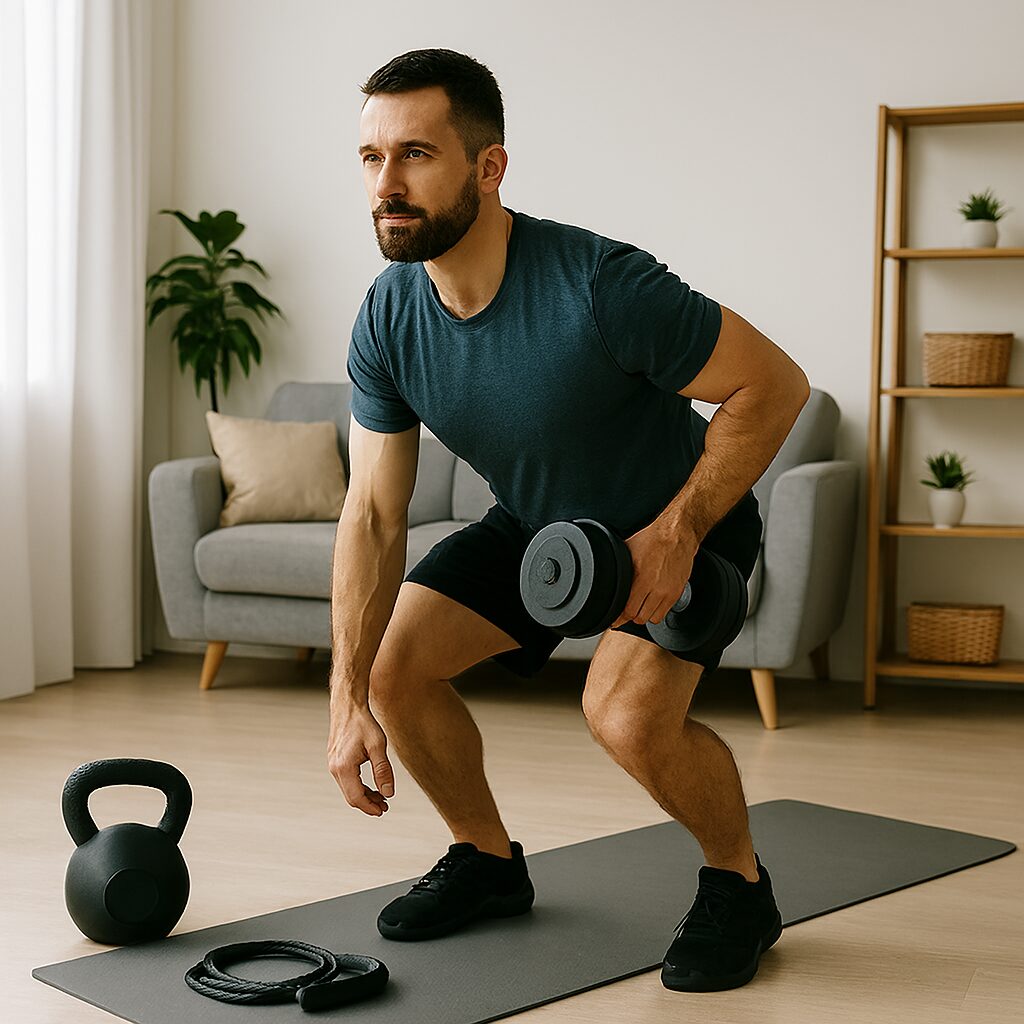 Man tränar hemma med kettlebell och hantel i ett ljust skandinaviskt vardagsrum
