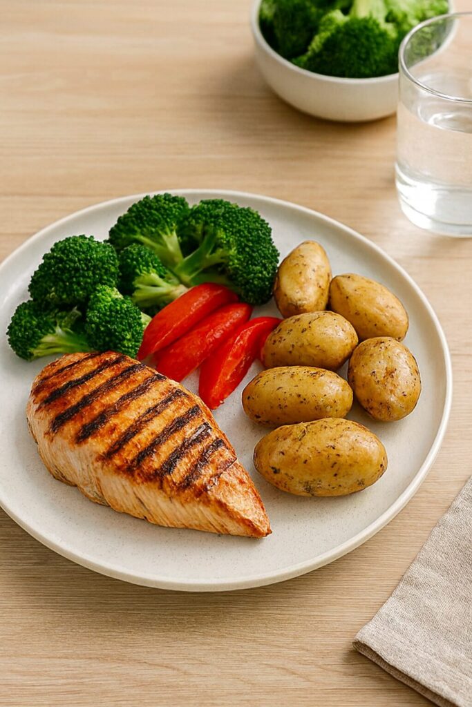 Tallrik med grillad kyckling, broccoli, paprika och potatis på ljust träbord