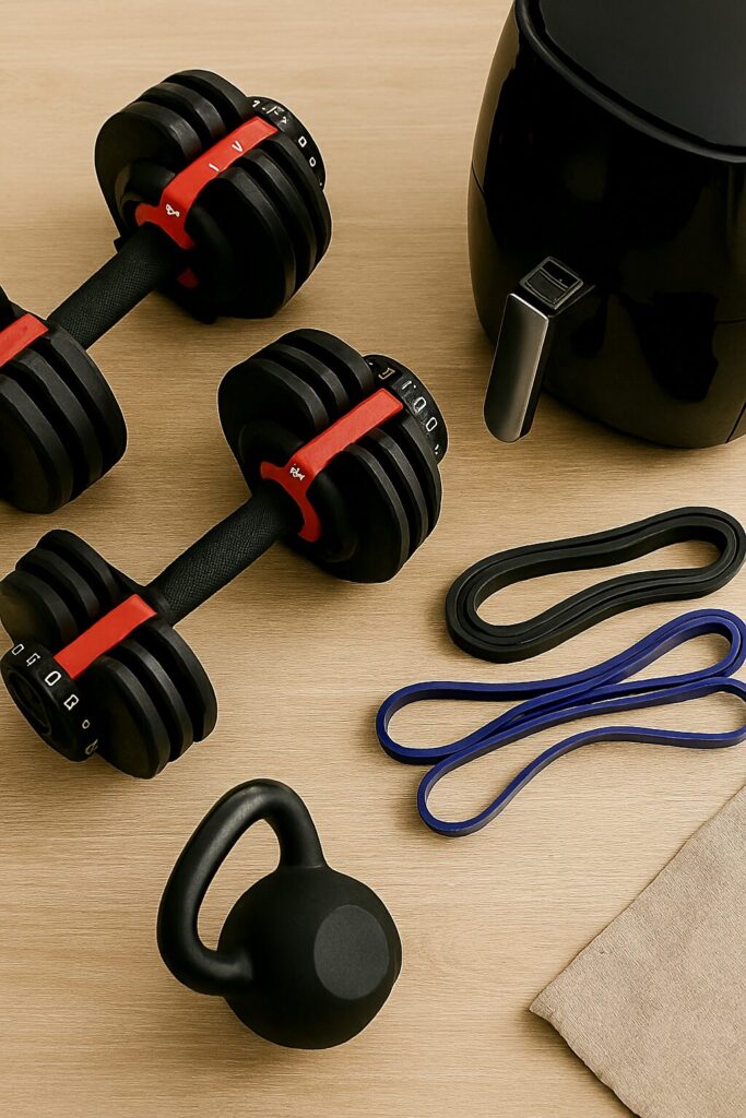 Justerbara hantlar, powerbands och airfryer på ljust trägolv