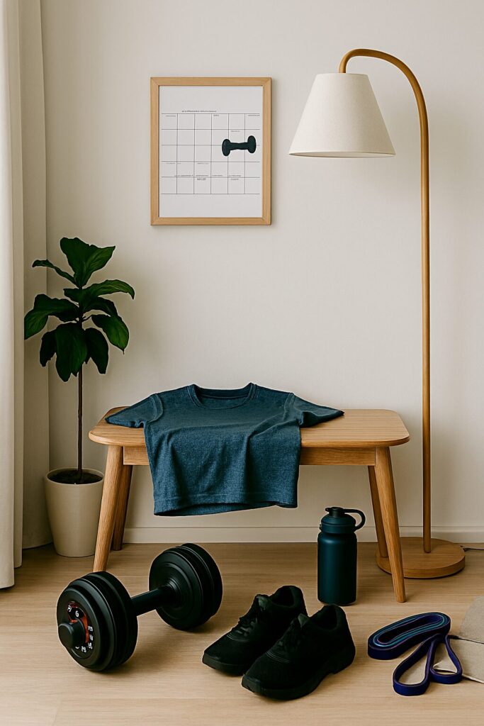 Framlagda träningskläder, vattenflaska, skor och kalender i ett ljust rum med skandinavisk inredning