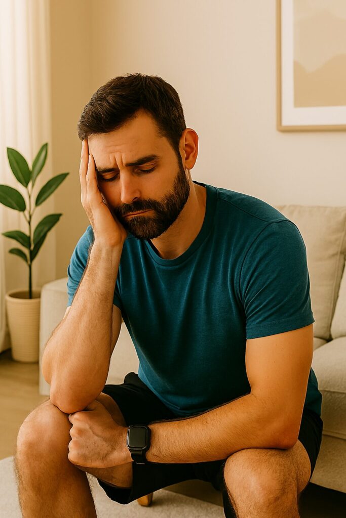 Man ser nedstämd ut medan han tittar på sin smartwatch – smartwatch din motivation 2026