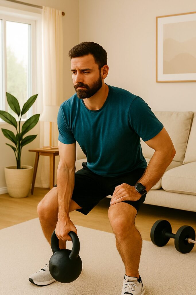 Man tränar hemma med kettlebell och smartwatch – smartwatch din motivation 2026