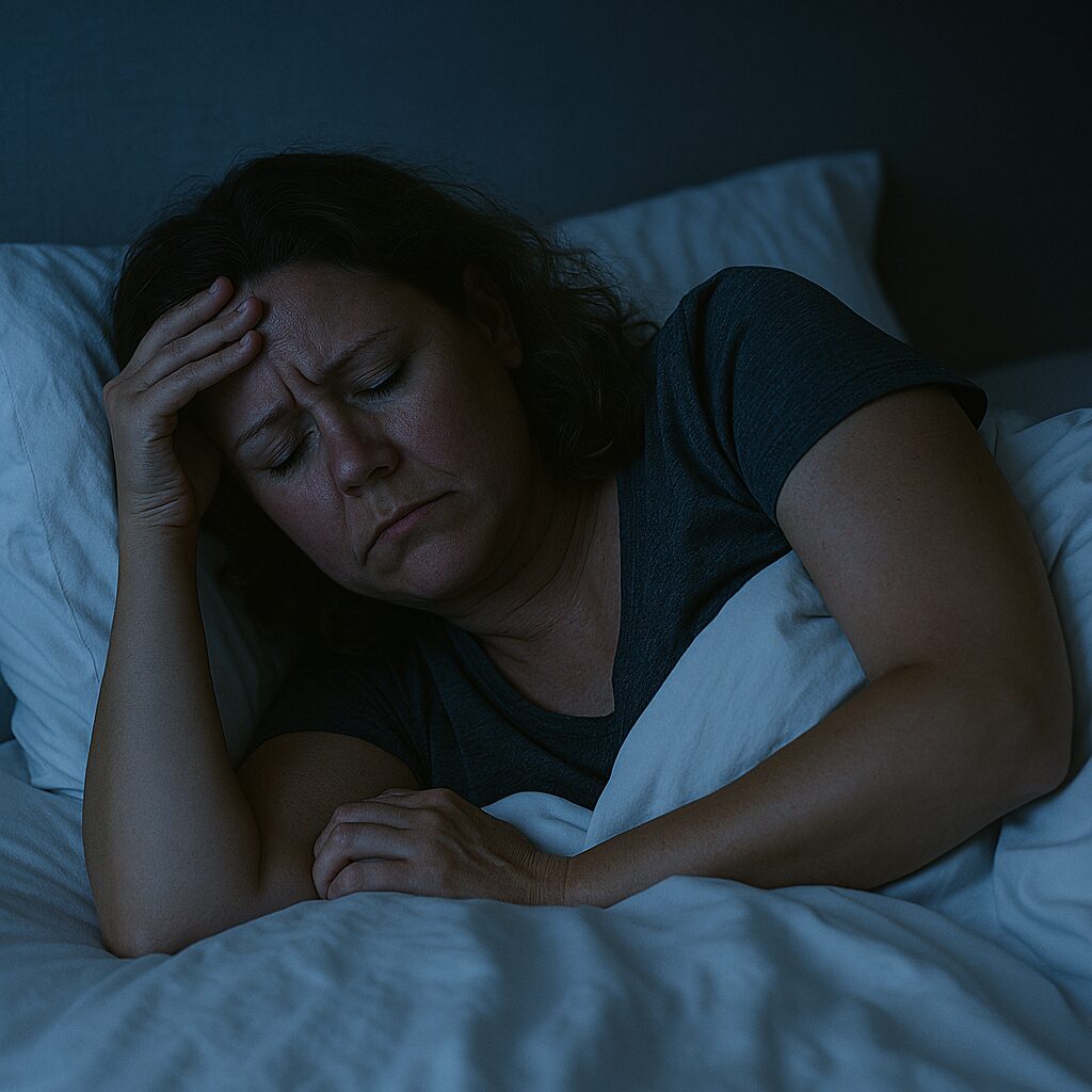 Trött kvinna ligger vaken i sängen – en visuell illustration av varför du inte går ner i vikt vid sömnbrist.
