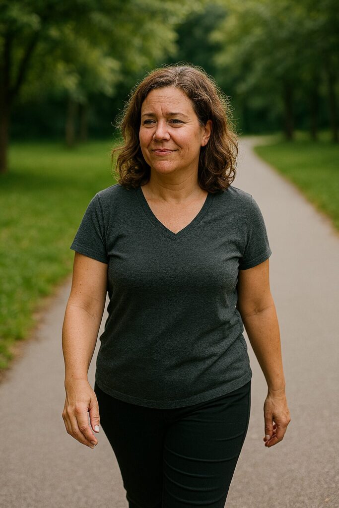 Kvinna promenerar lugnt i park – en visuell symbol för att komma vidare utan att göra mer.