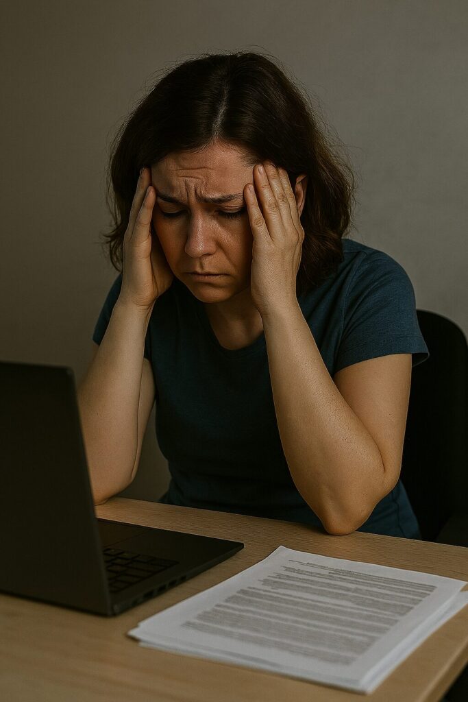 stressad person vid skrivbord som håller huvudet i händerna