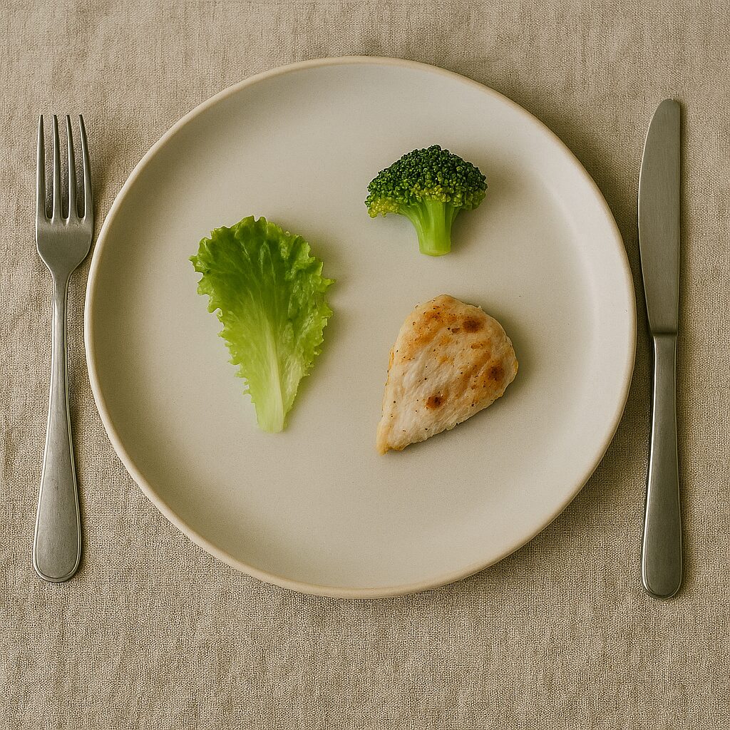 liten portion mat på stor tallrik som symboliserar lågt energiintag