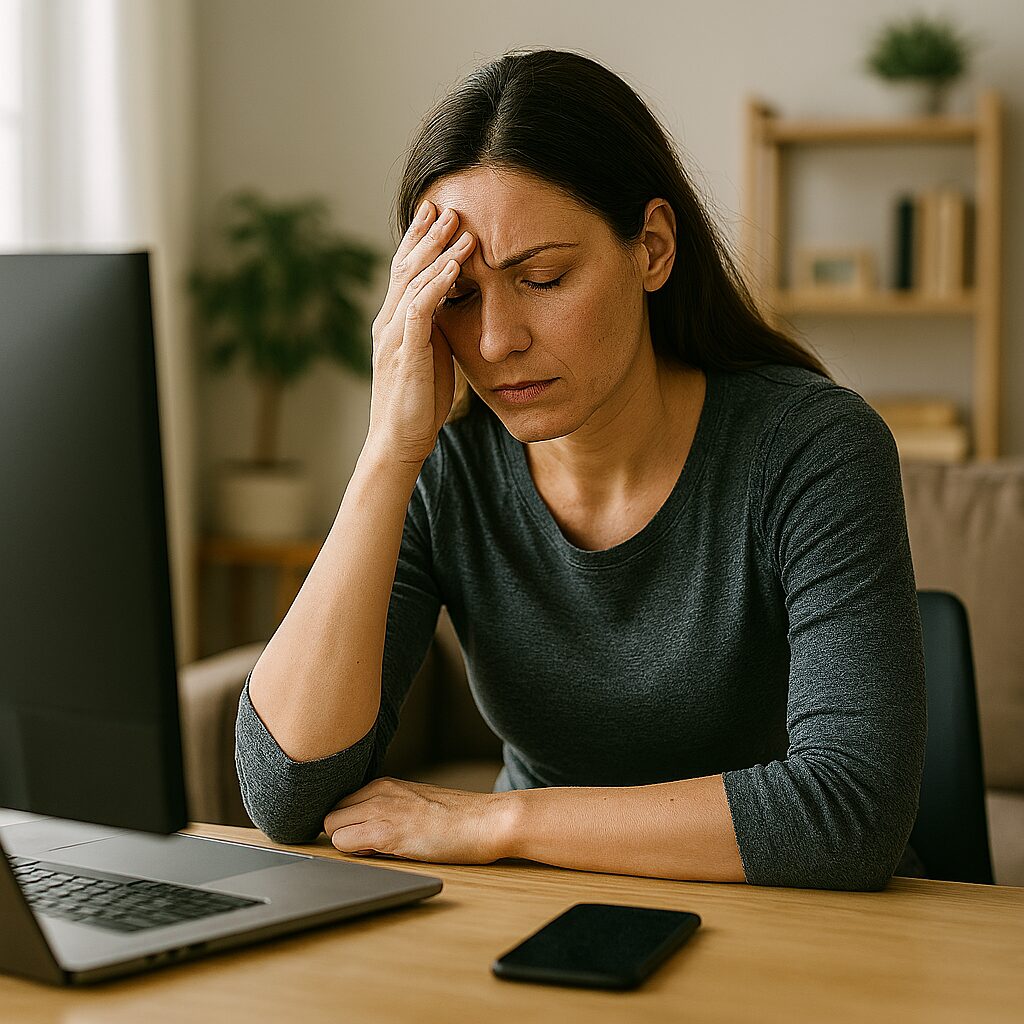 Stressad kvinna som sitter vid skrivbord med handen mot pannan, omgiven av skärmar och teknik, i hemmamiljö.