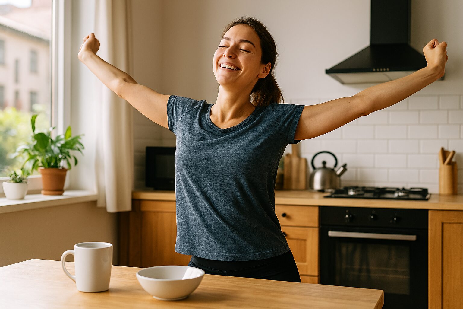 Kvinna som sträcker på sig i ett solbelyst kök med avslappnat leende – symboliserar mer energi i vardagen.