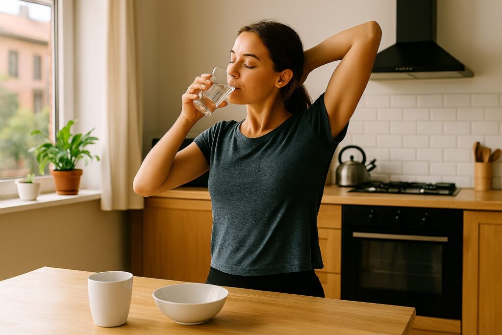 Kvinna som dricker vatten och sträcker på sig i ett solbelyst kök – symboliserar energigivande morgonrutin.