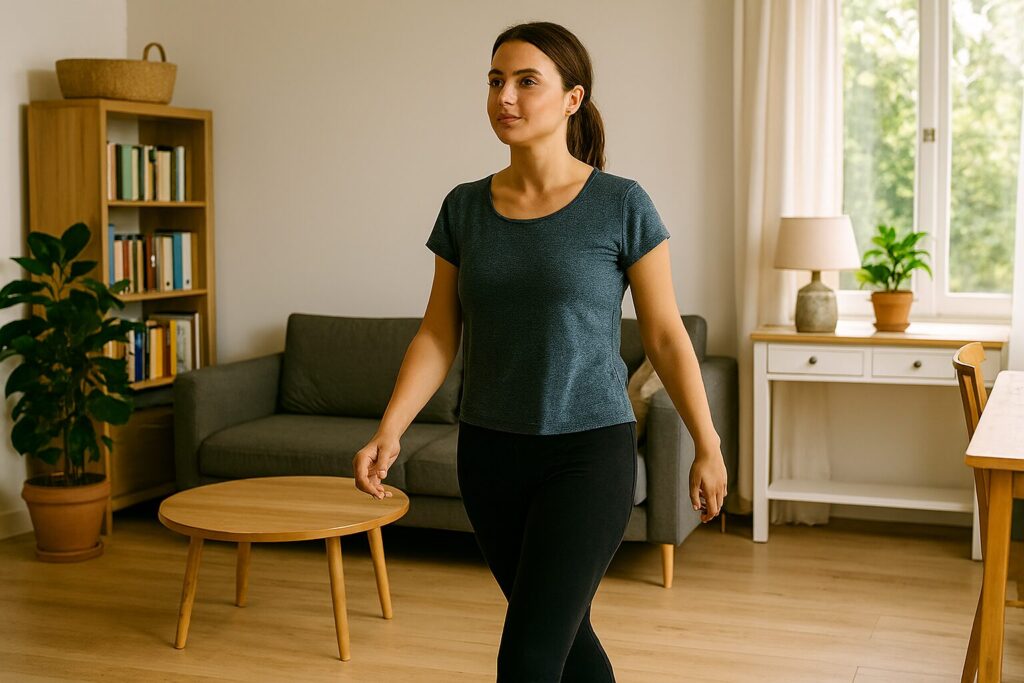 Kvinna som går genom vardagsrummet i dagsljus – illustrerar NEAT och vardagsrörelse för mer energi.