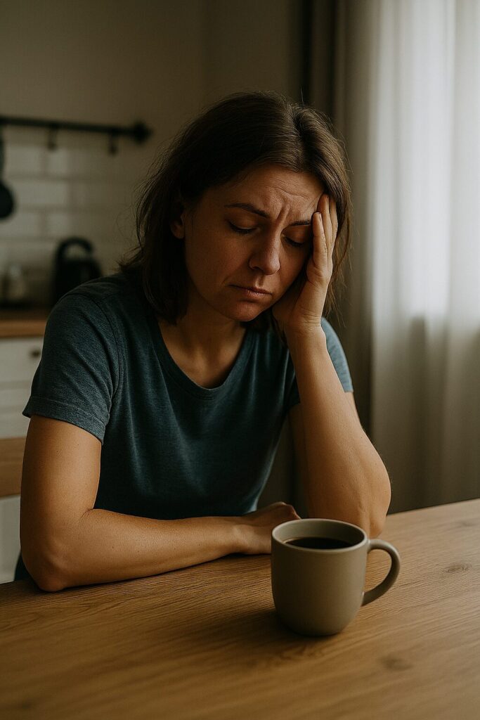 Trött kvinna vid köksbordet med kaffe en tidig morgon