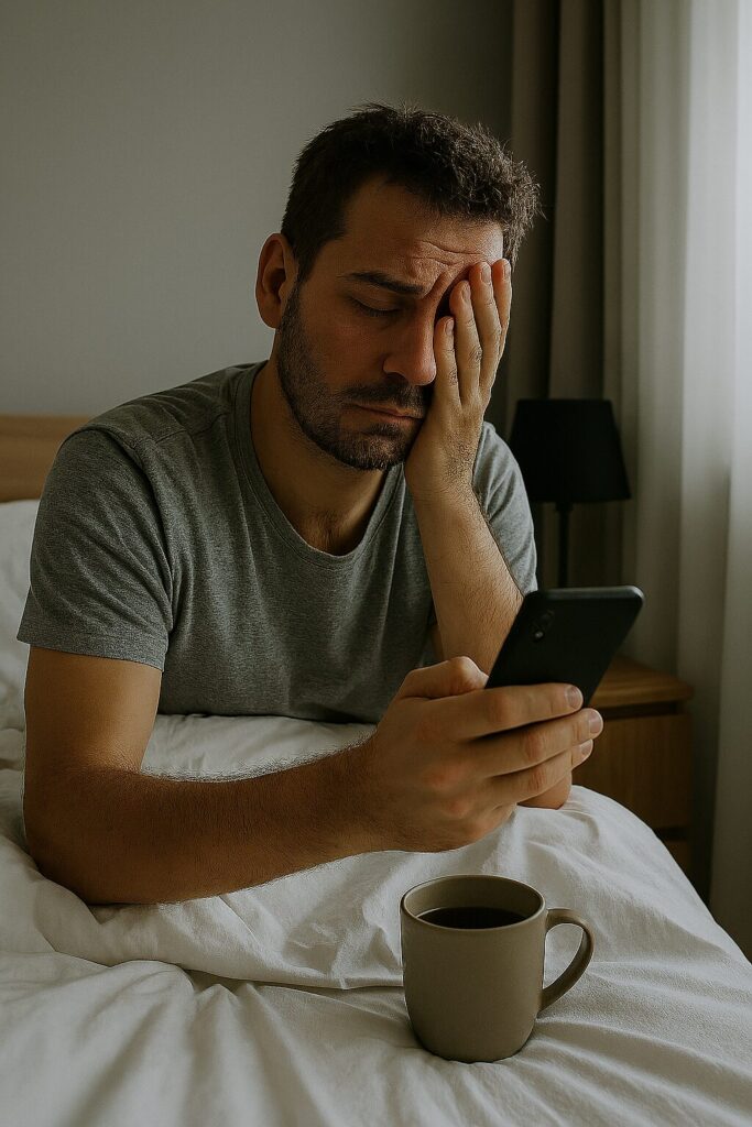 Person som sträcker på sig i solbelyst sovrum – lugn morgonrutin