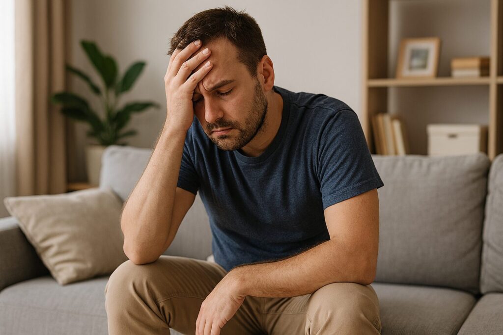 trött och stressad person i hemmamiljö som visar mental trötthet