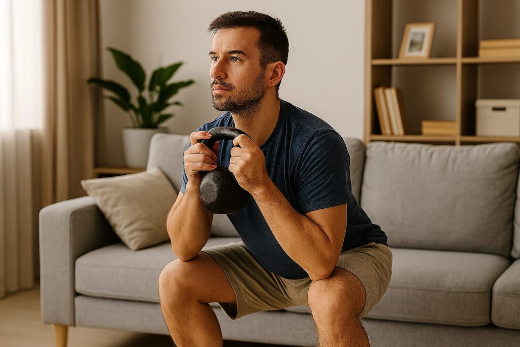 vuxen person tränar hemma på ett enkelt sätt med hjälp av kettlebell