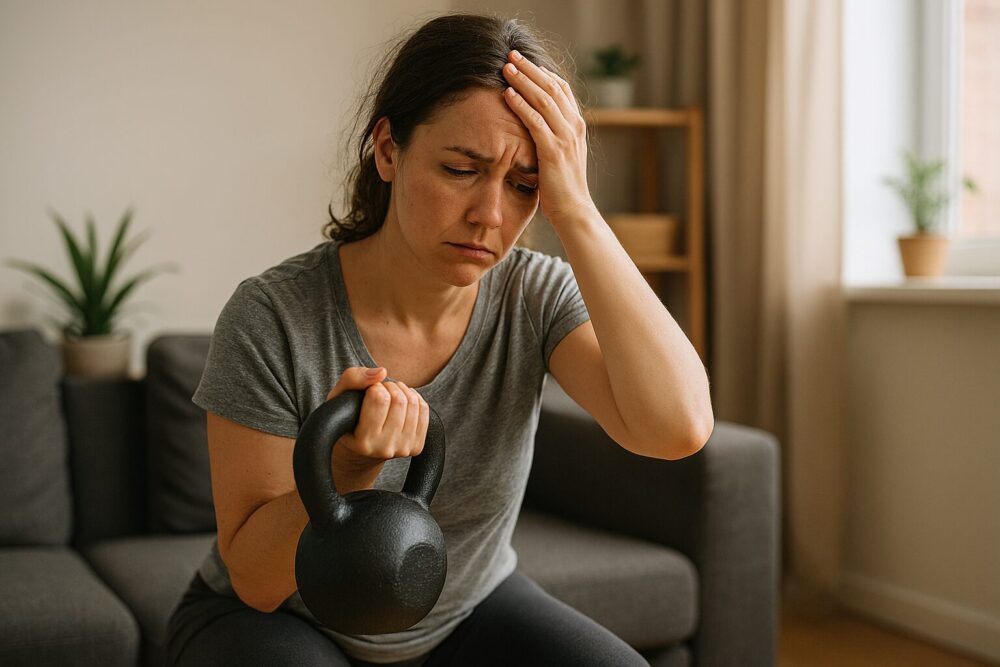 vuxen som ser för trött för att träna ut men försöker träna hemma med kettlebell