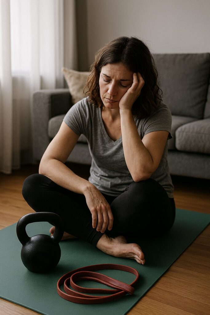 Trött kvinna på yogamatta med kettlebell och gummiband i vardagsrum, redo för lätt hemmaträning.
