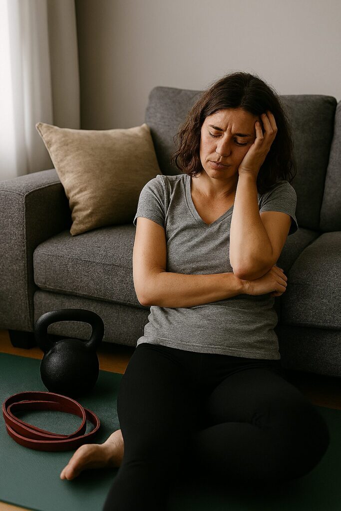 Trött kvinna som sitter i soffan med kettlebell och träningsband bredvid sig, symboliserar låg energi och stress.