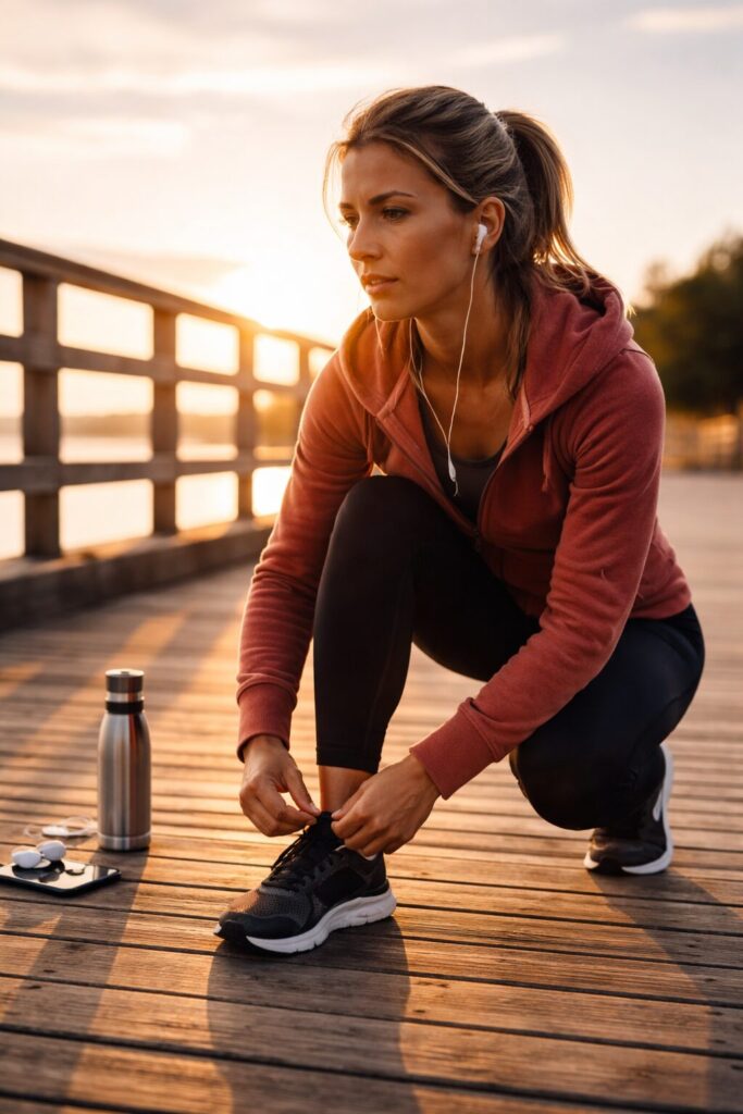 Person som knyter löparskor i soluppgång och visar beslutsamhet inför ett träningspass
